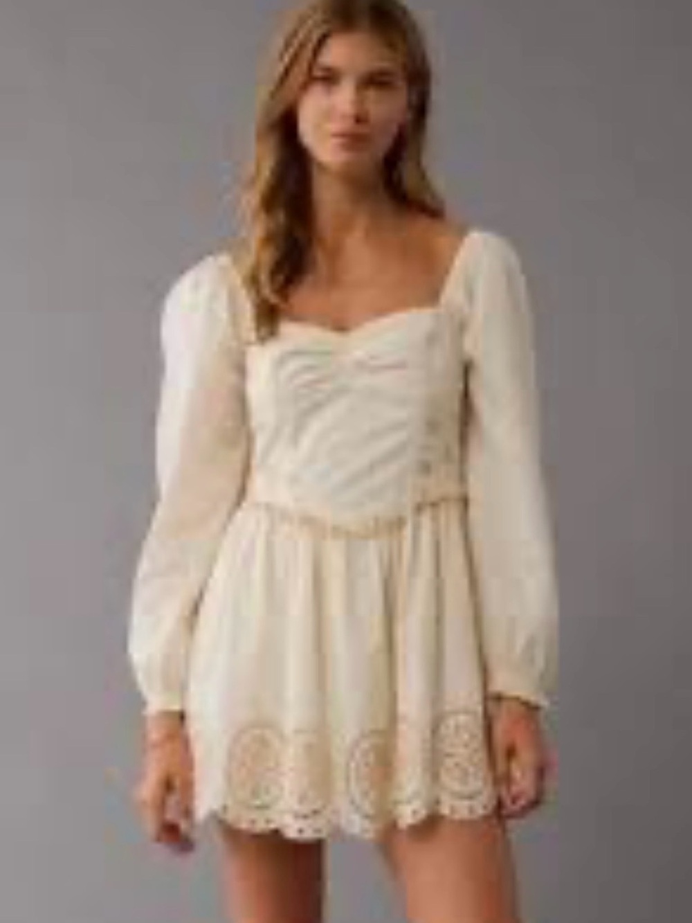 American Eagle Outfitters Cream Long-Sleeve Lace-Hem Mini Dress